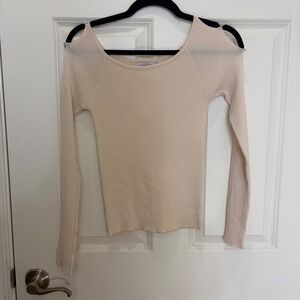 Thanne Cream Pearl Embellished Cold Shoulder Ribbed Knit Top Small New